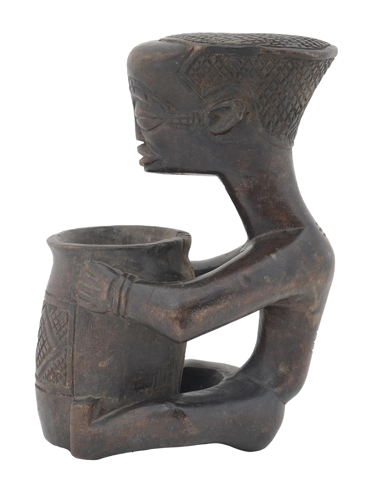 AFRICAN CONGO CARVED WOOD MALE FIGURINE WITH POT PIC-1